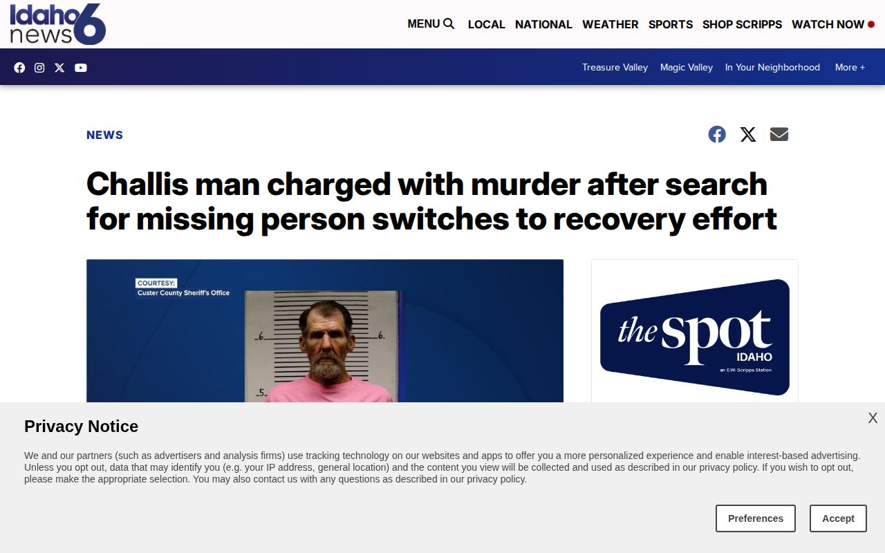 KIVI Custer County arrest story with sheriff-supplied record image attribution